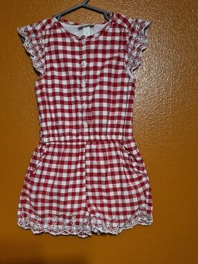 Red Gingham Girls' Romper with Lace Trim - Kids Bottoms